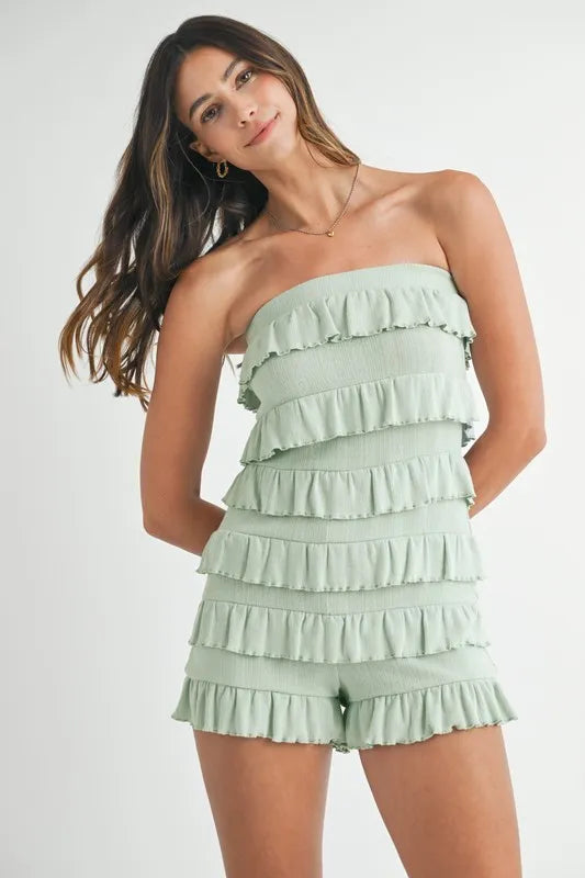 Pointelle Knit Fabric Ruffled Tube Romper in Light Sage for Women