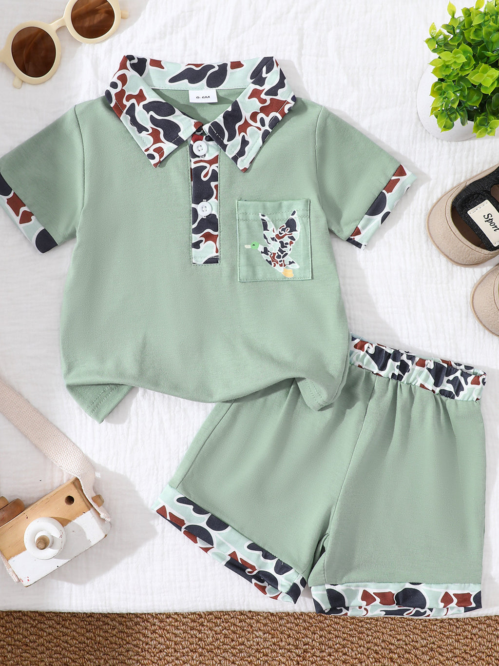 Button Detail Polo Shirt & Shorts Set in Sage for Boys