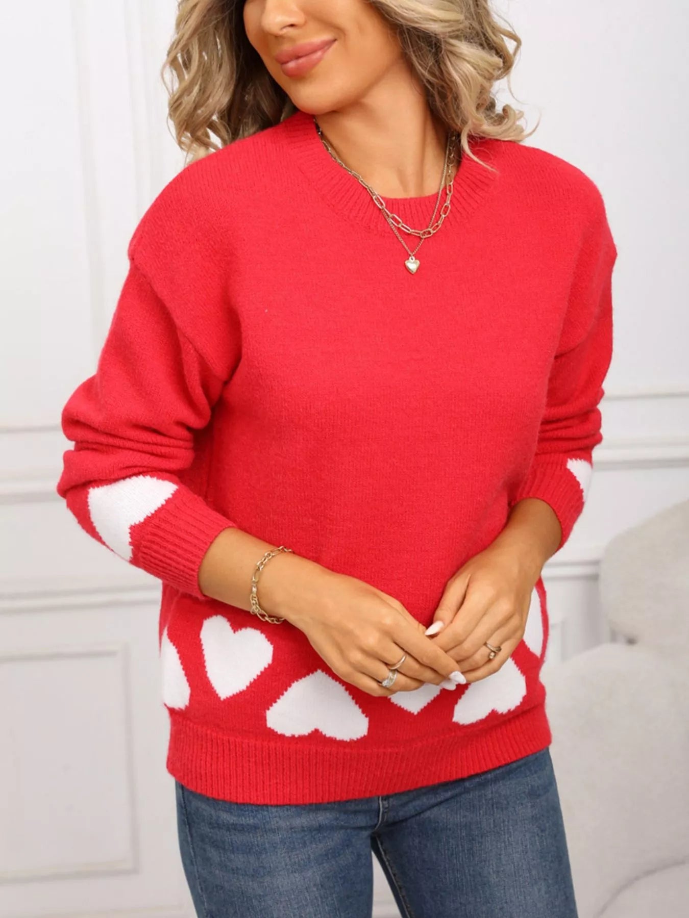 Valentines Day Heart Crew Neck Sweater in Red for Women