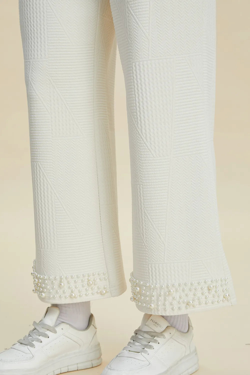 Plus Size Pearl Detail Round Neck Top and Pants Set in Cream for Women