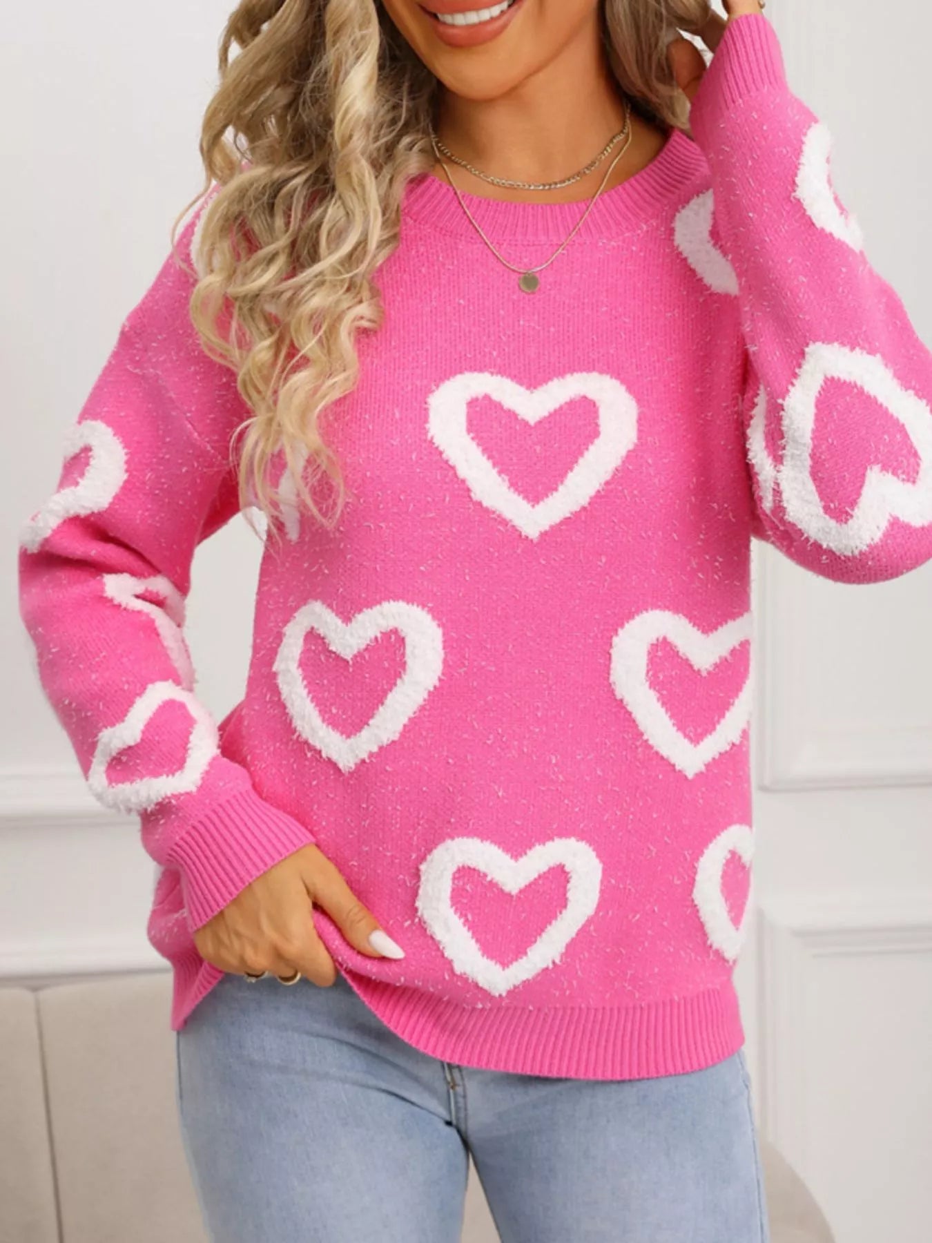 Valentines Day Heart Pattern Round Neck Sweater in White for Women