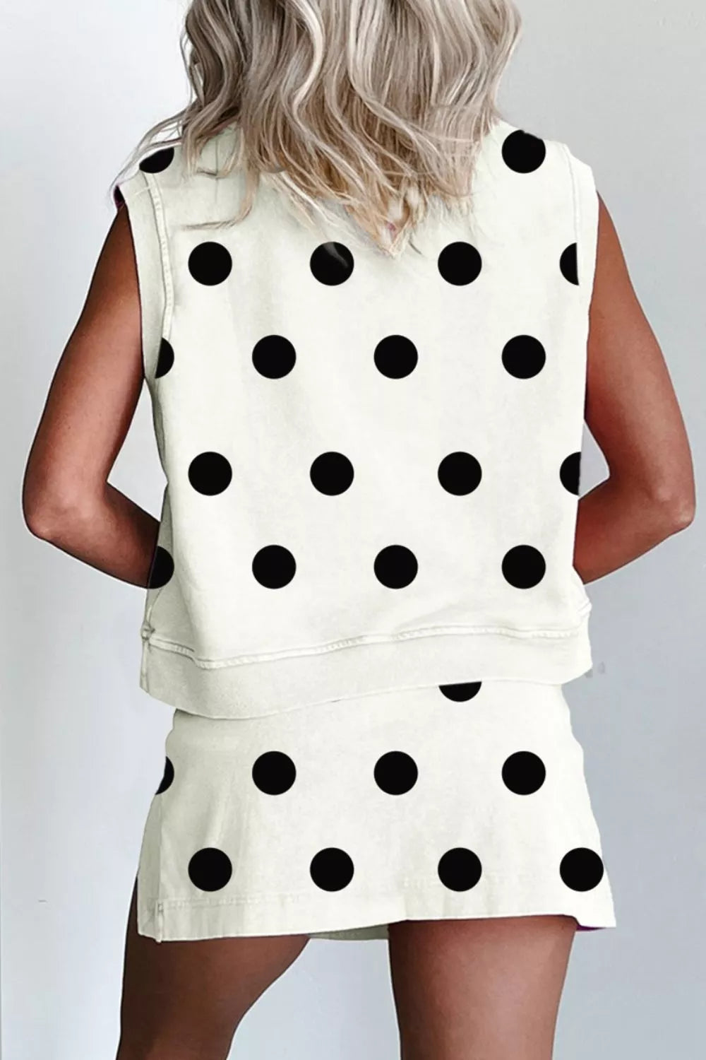 Ribbed Trim Polka Dot Print Tank Split Mini Skort Two-Piece Set in White for Women
