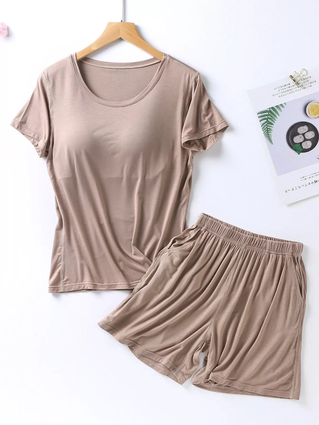 Plus Size Padded Round Neck Modal T-Shirt and Shorts Set in Gray and White for Women