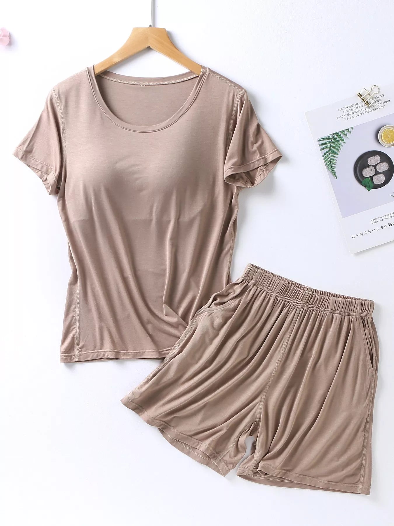 Plus Size Padded Round Neck Modal T-Shirt and Shorts Set in Gray and White for Women