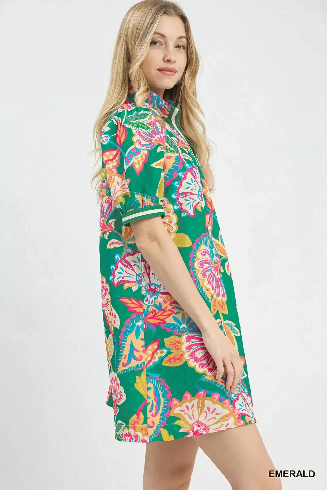 Jacquard Paisley Print Puff Sleeve Tunic Dress in Emerald Mix for Women