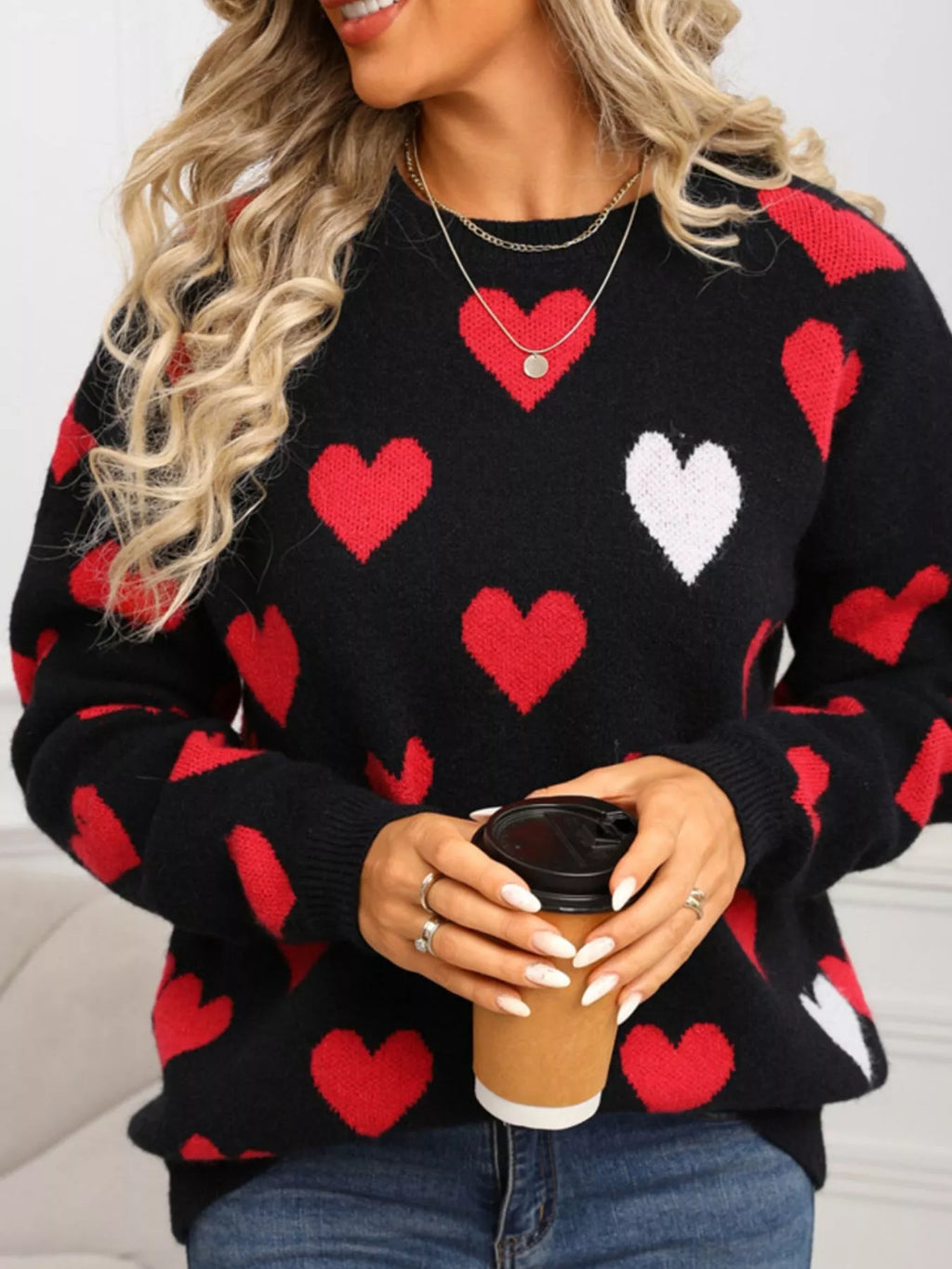 Valentines Day Heart Crew Neck Sweater in White for Women