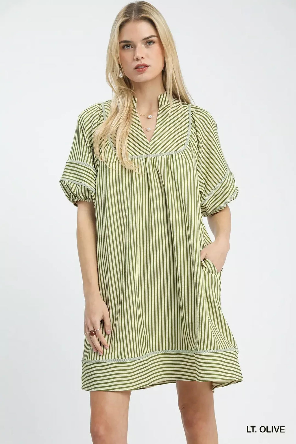 Striped Puff Sleeve Shift Dress in Light Olive for Women