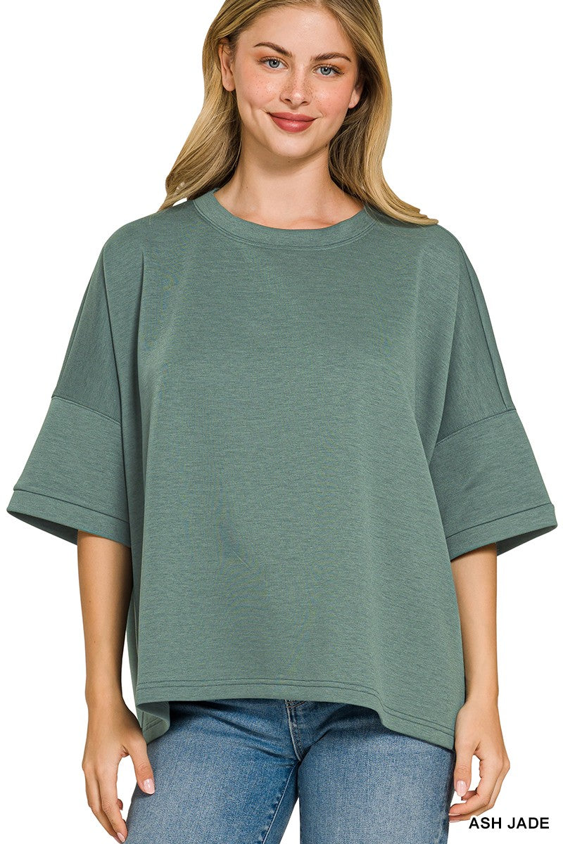 Scuba Round Neck Top with Side Slits Plus Size in Jade Green for Women