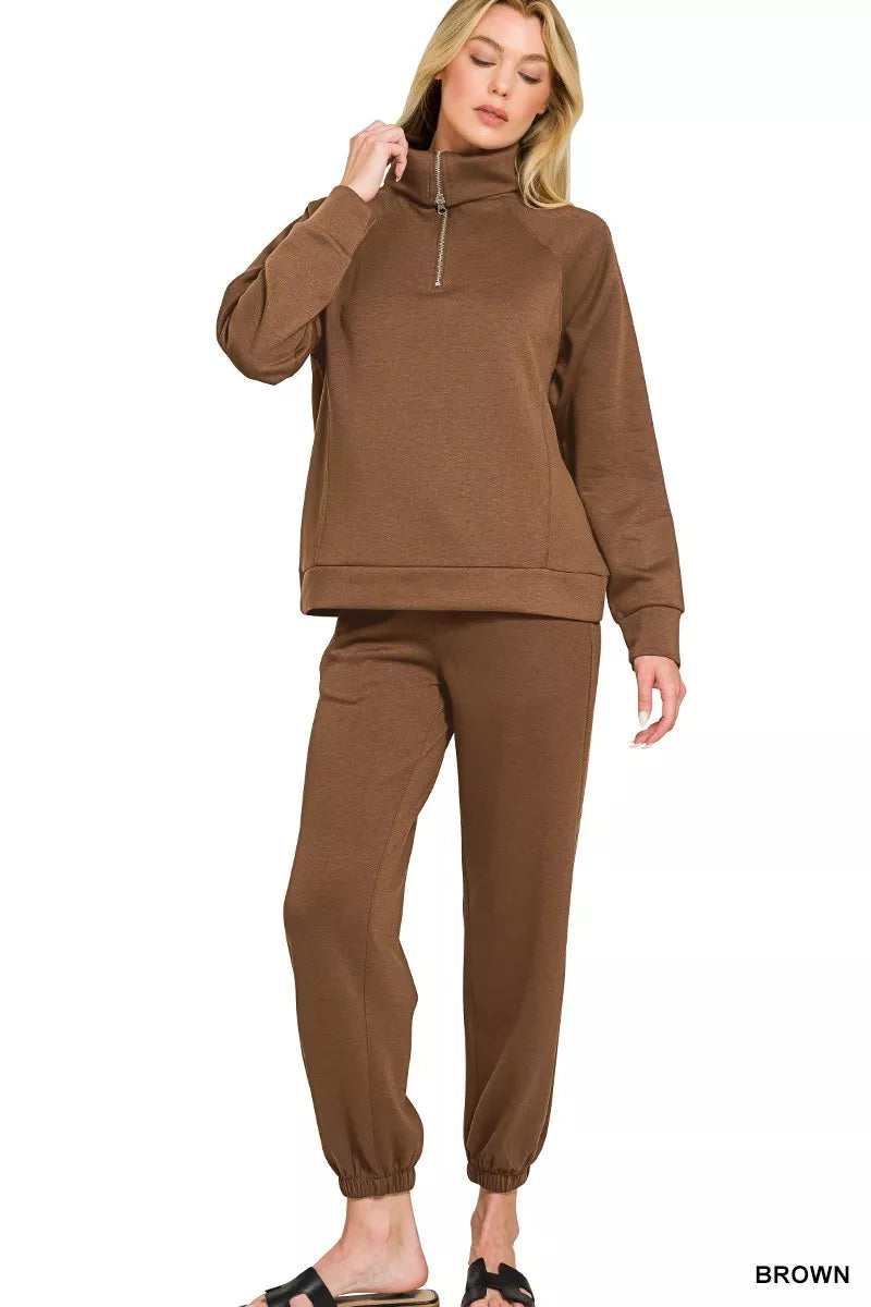Scuba Half Zip Sweatshirts and Joggers Set in Brown for Women