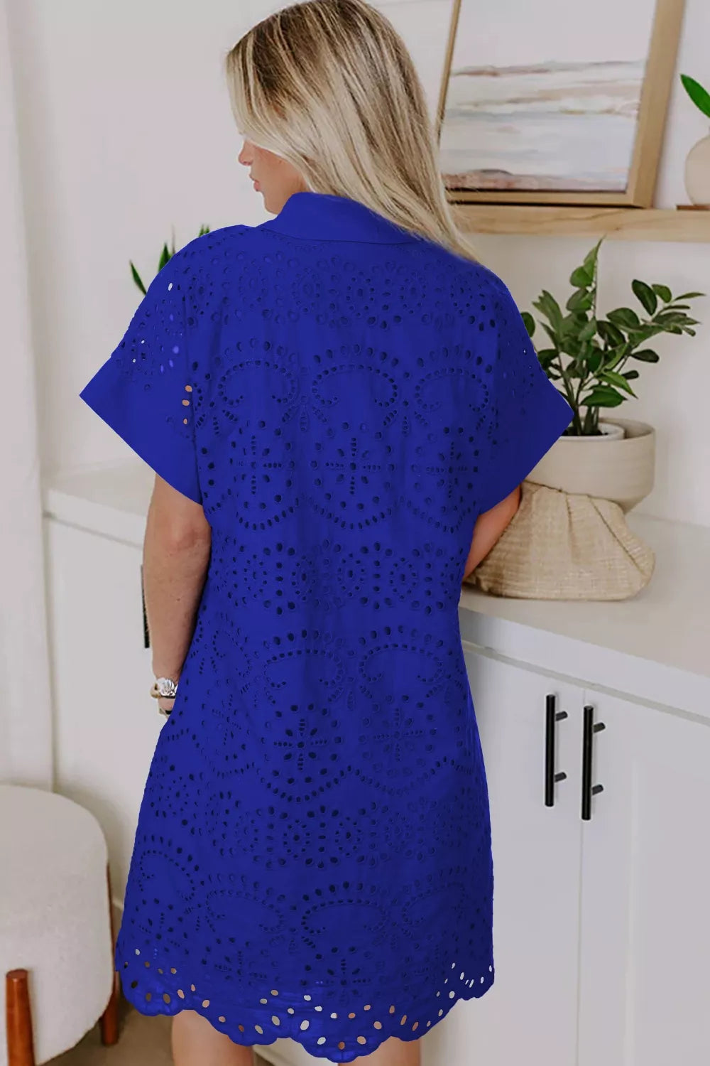 Solid Color Eyelet Embroidered T-Shirt Mini Dress in Royal Blue for Women