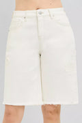 Slouchy Relaxed Floral Embroidered Bermuda Denim Shorts in Cream for Women