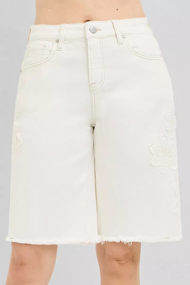 Slouchy Relaxed Floral Embroidered Bermuda Denim Shorts in Cream for Women