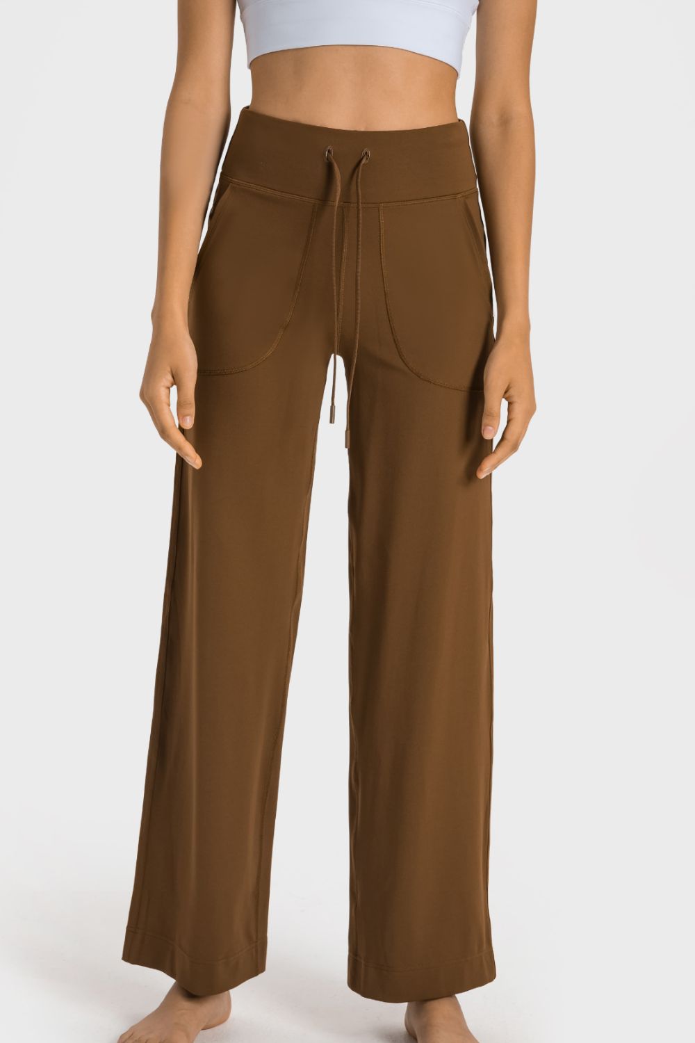 Drawstring Waist Wide Leg Sports Pants with Pockets in Sage for Women