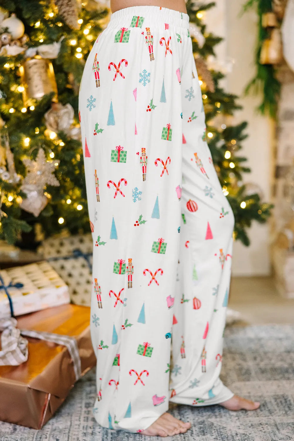 Printed Collared Neck Long Sleeve Top and Pants Lounge Set in White for Women