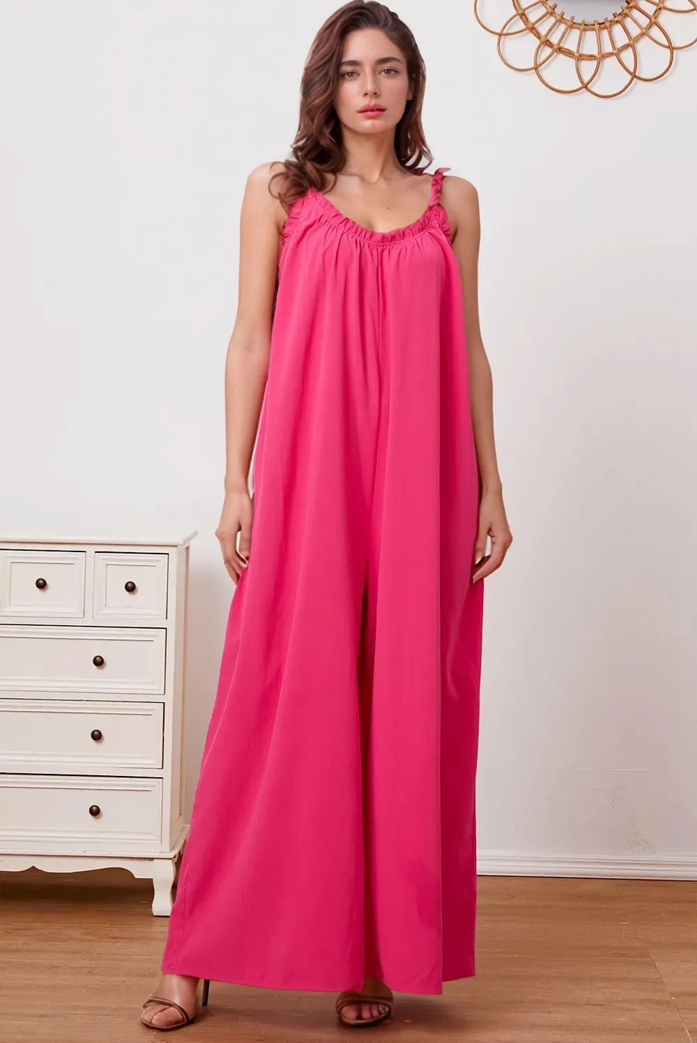 Plus Size Ruffle Trim Tie Back Cami Jumpsuit with Pockets in Hot Pink for Women
