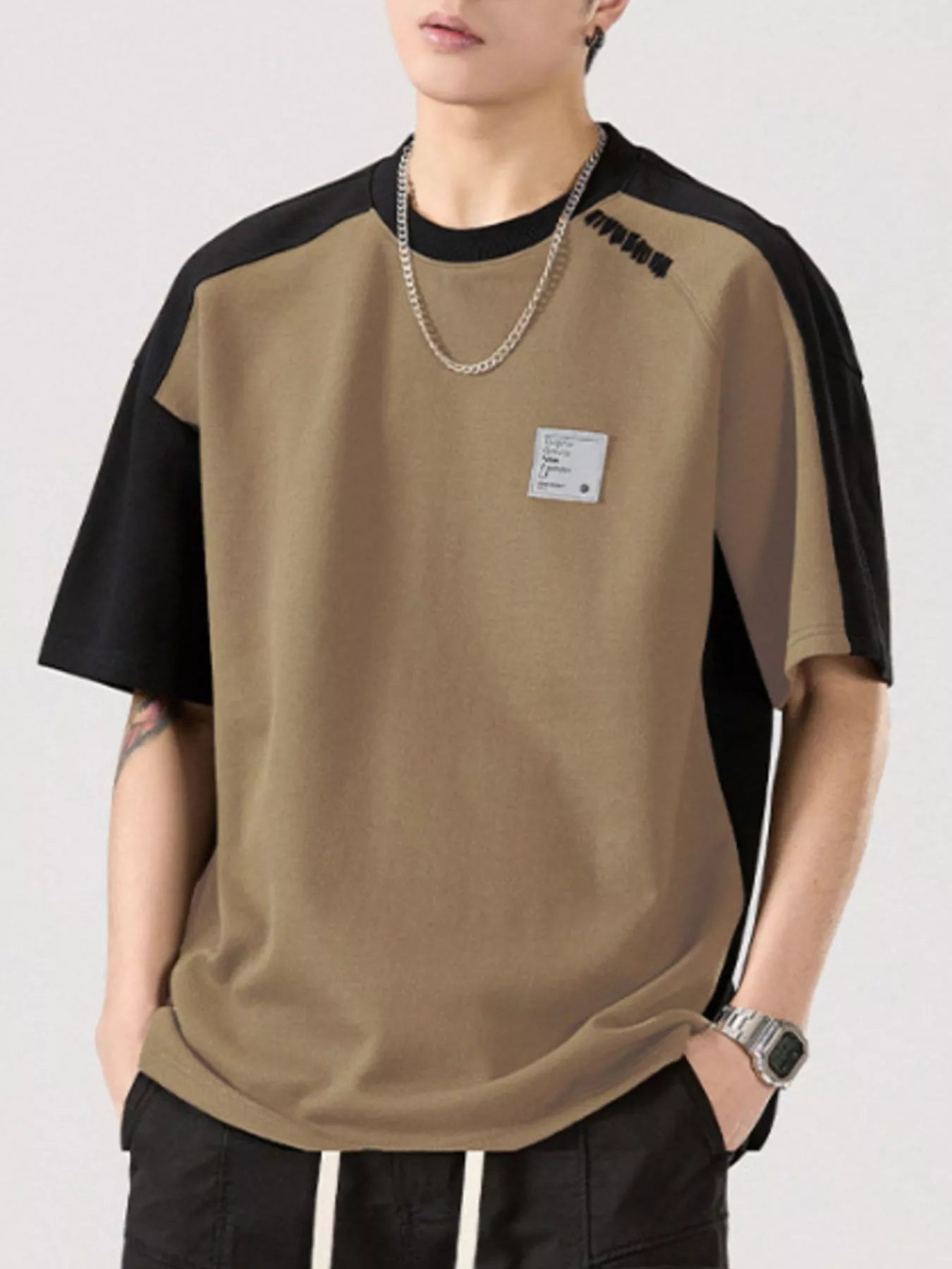 Contrast Round Neck Short Sleeve T-Shirt Plus Size in Retro Hemp Gray for Men