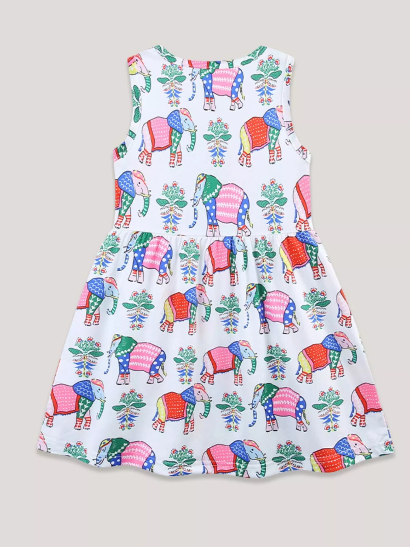 Sleeveless Elephant Print Casual Dress in White for Girls
