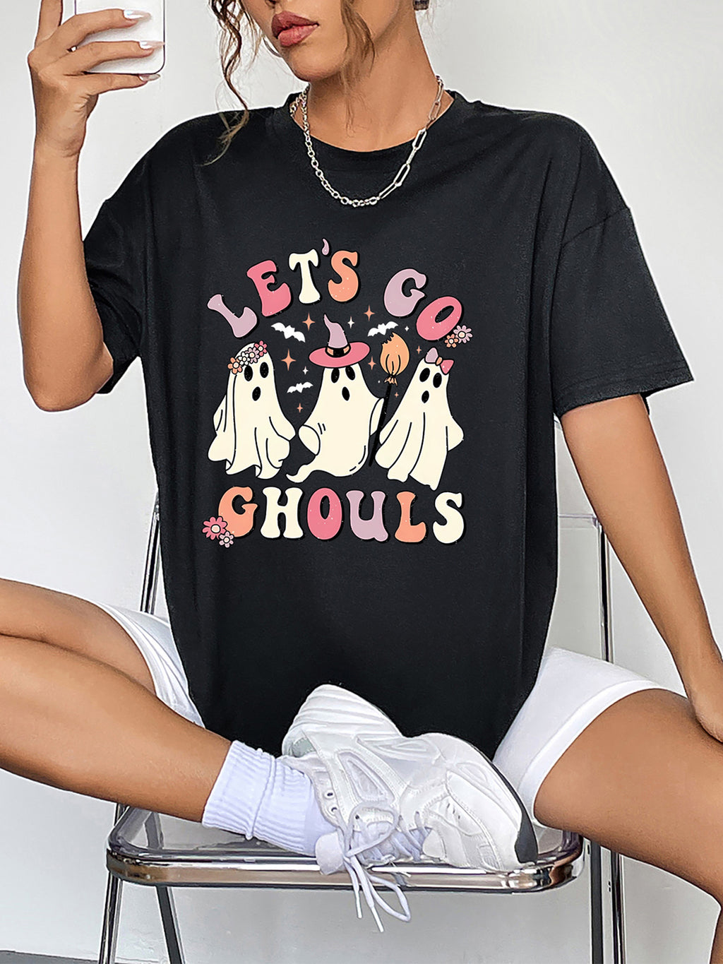 Round Neck Short Sleeve Lets Go Ghouls Graphic T-Shirt in White for Women