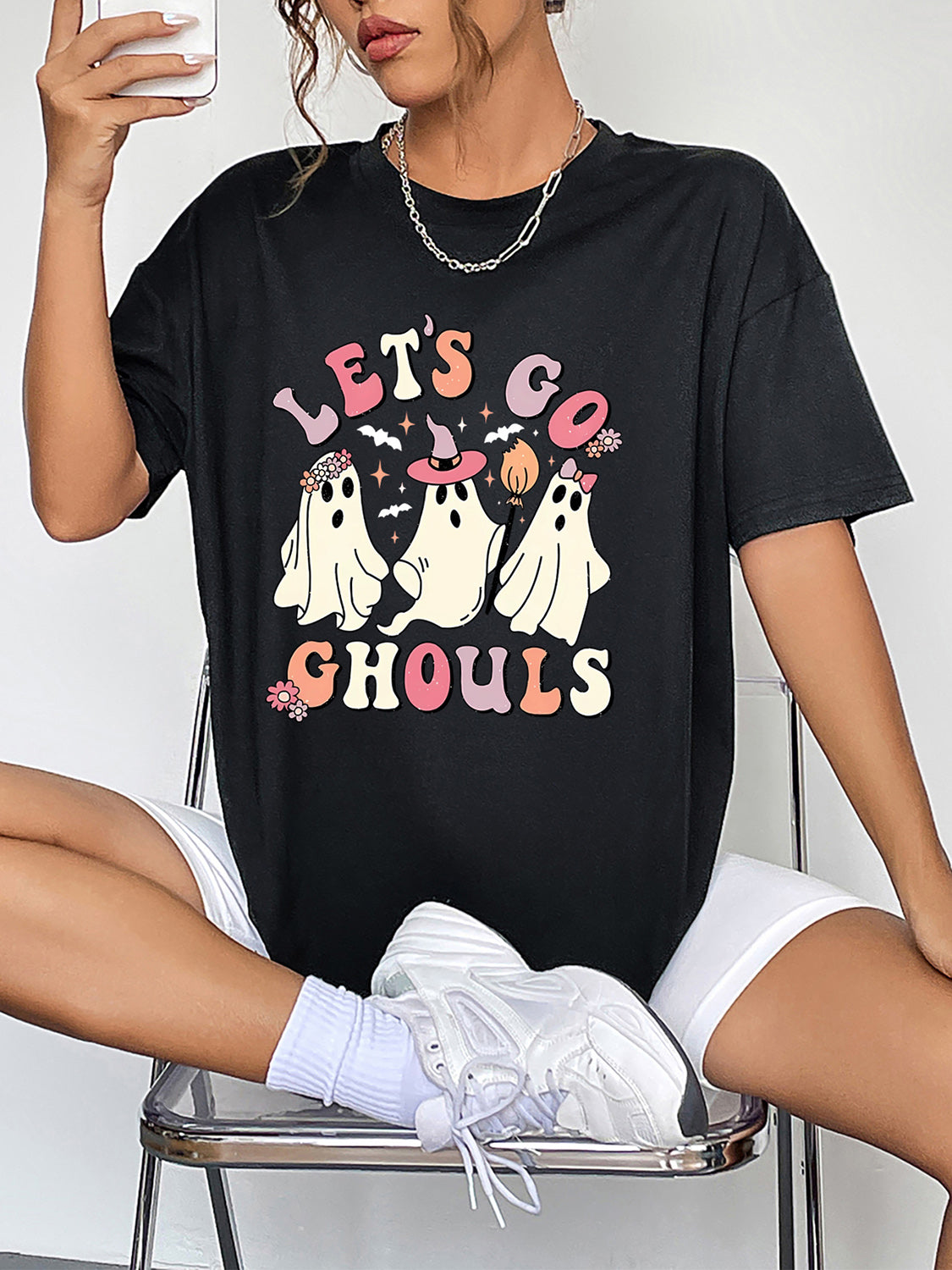 Round Neck Short Sleeve Lets Go Ghouls Graphic T-Shirt in White for Women