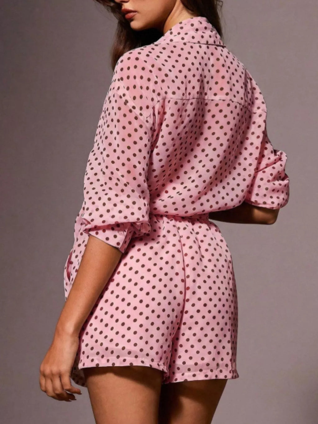 Polka Dot Button Up Shirt and Shorts Set in Pink for Women