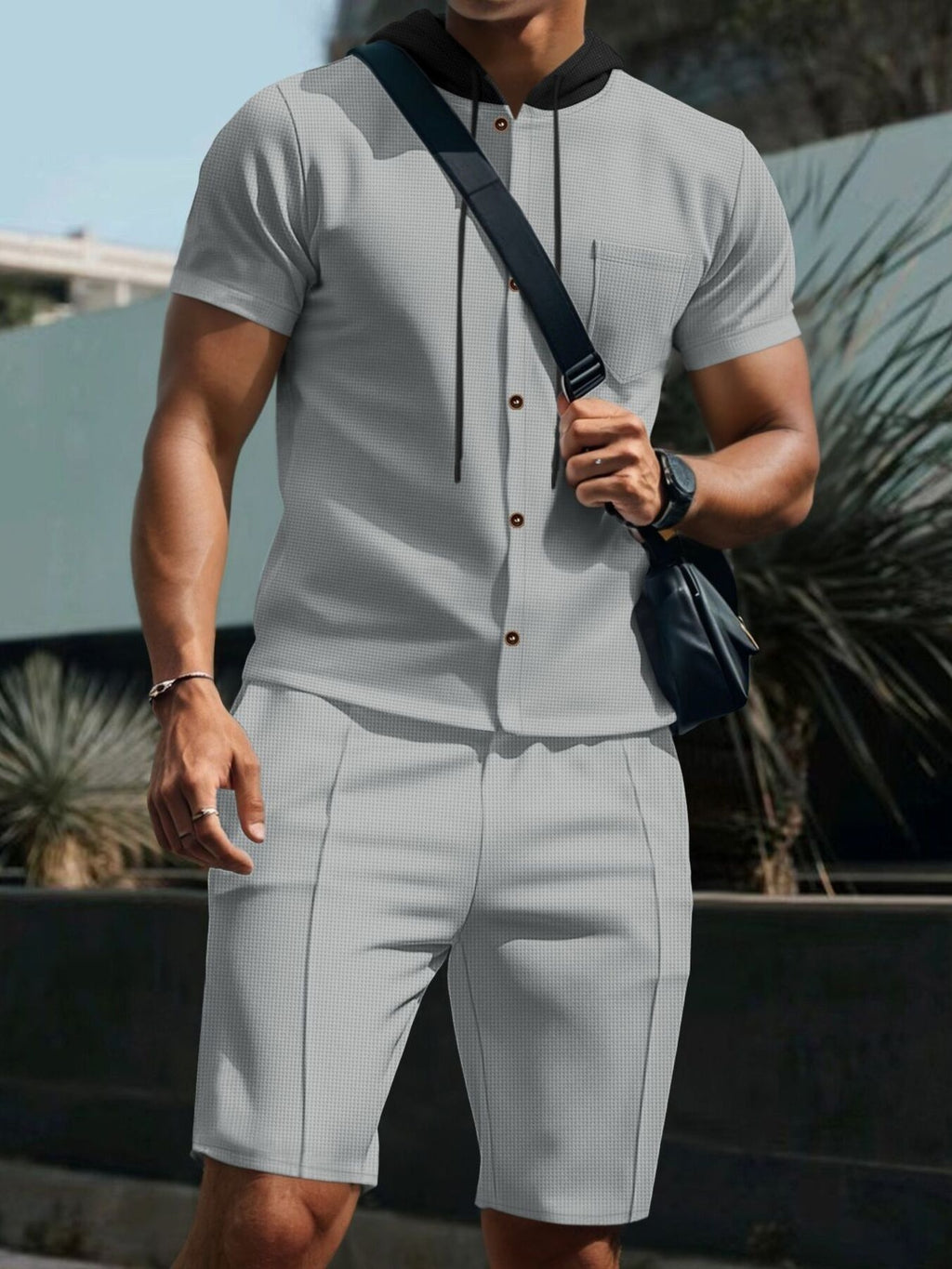 Casual Hooded Top & Shorts Set Plus Size in Black for Men