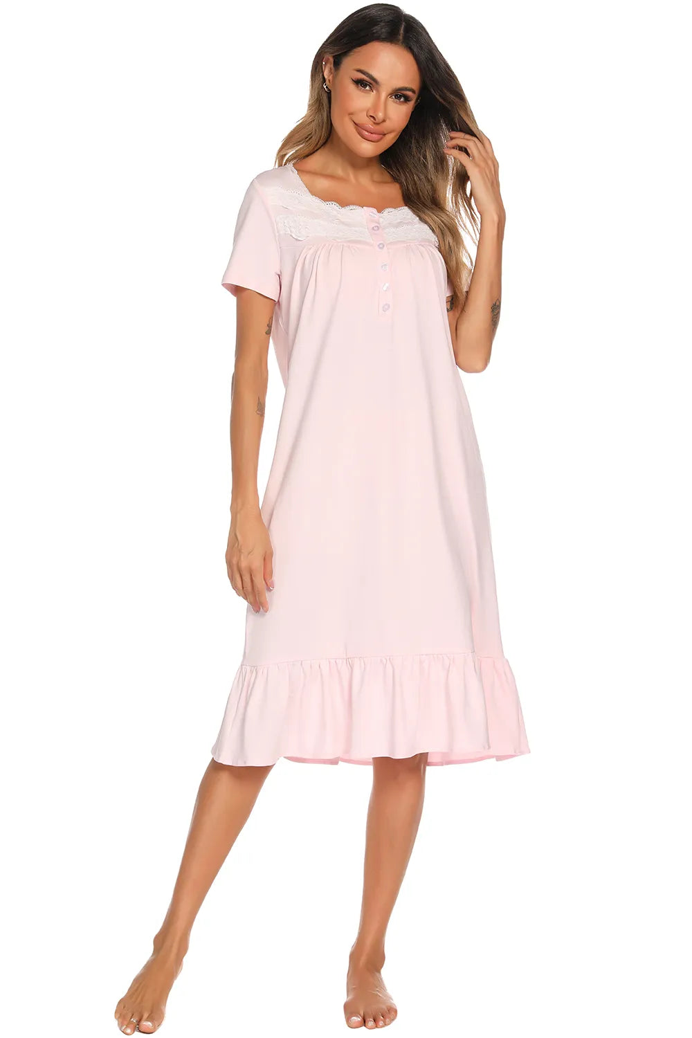 Lace Detail Square Neck Lounge Dress in Blush Pink for Women