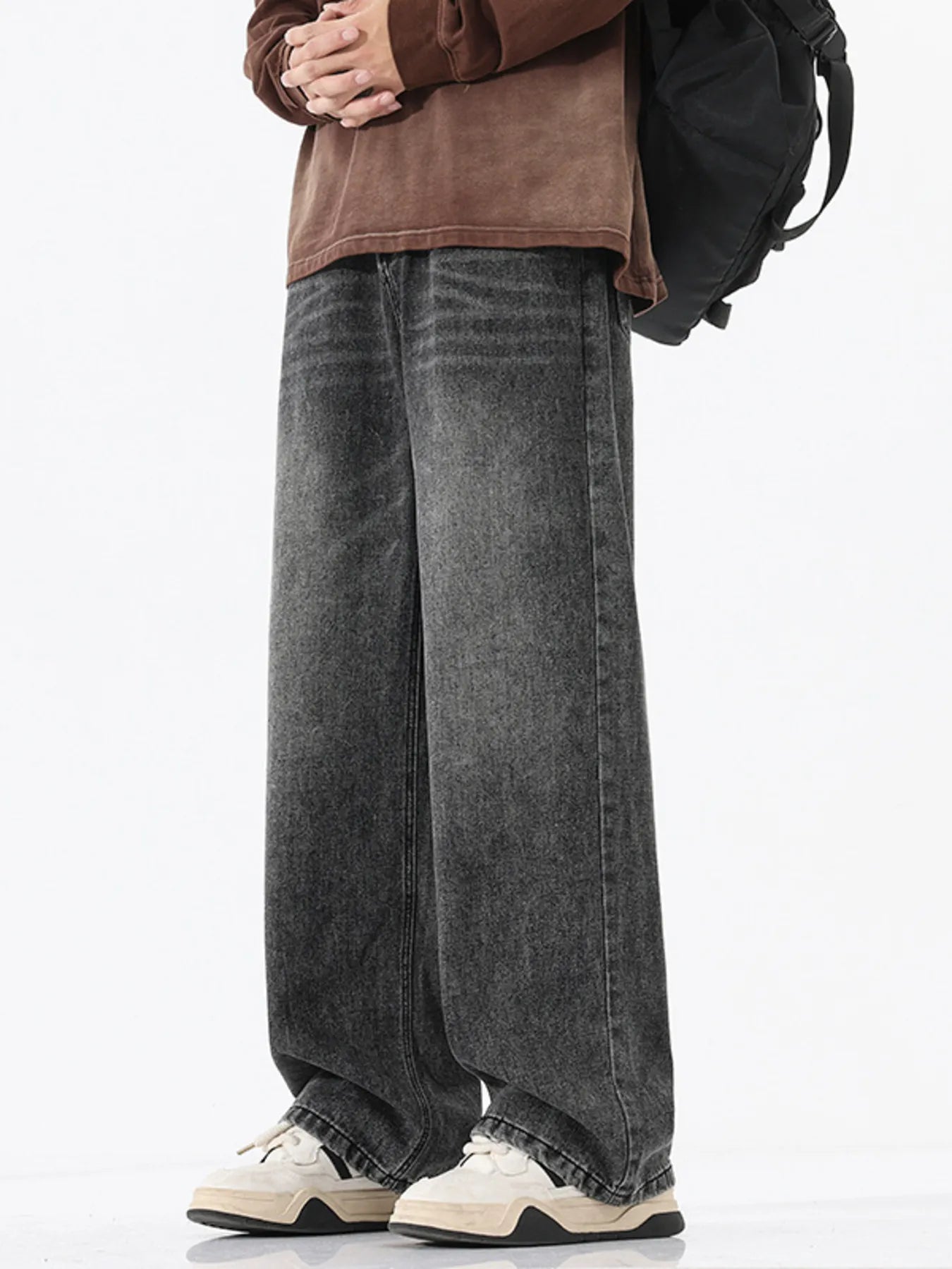 Vintage Wash Wide Leg Jeans Plus Size in Ash for Men
