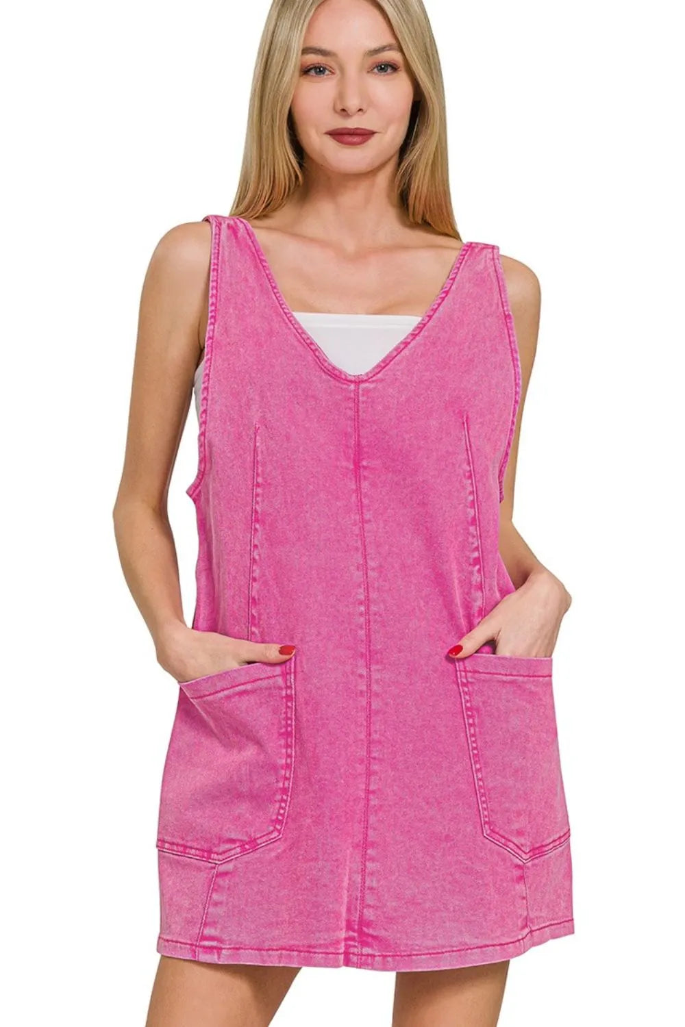 Washed Adjustable Strap Denim Overall Dress in Hot Pink for Women