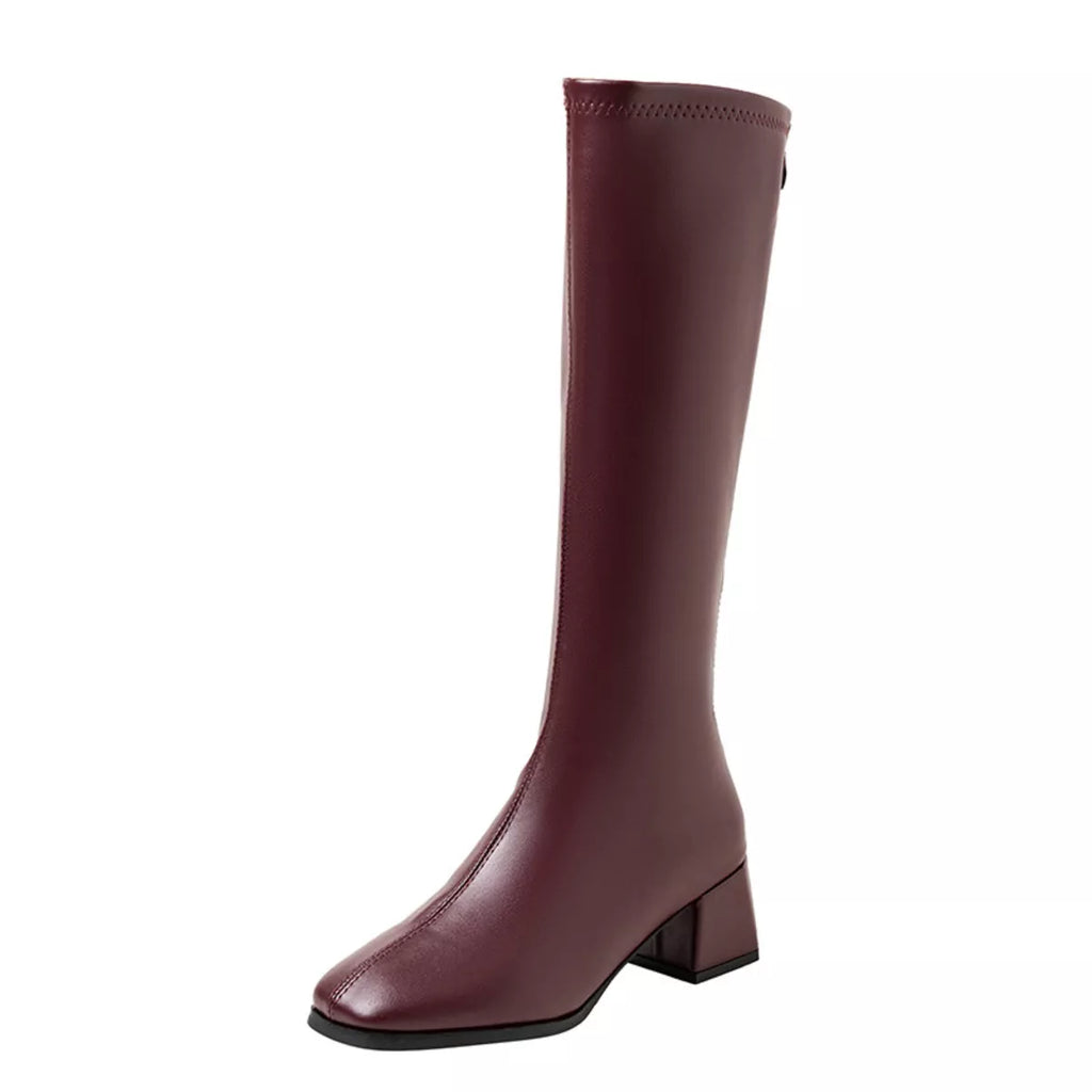 Square Toe Block Heels Boots in Off-White for Women