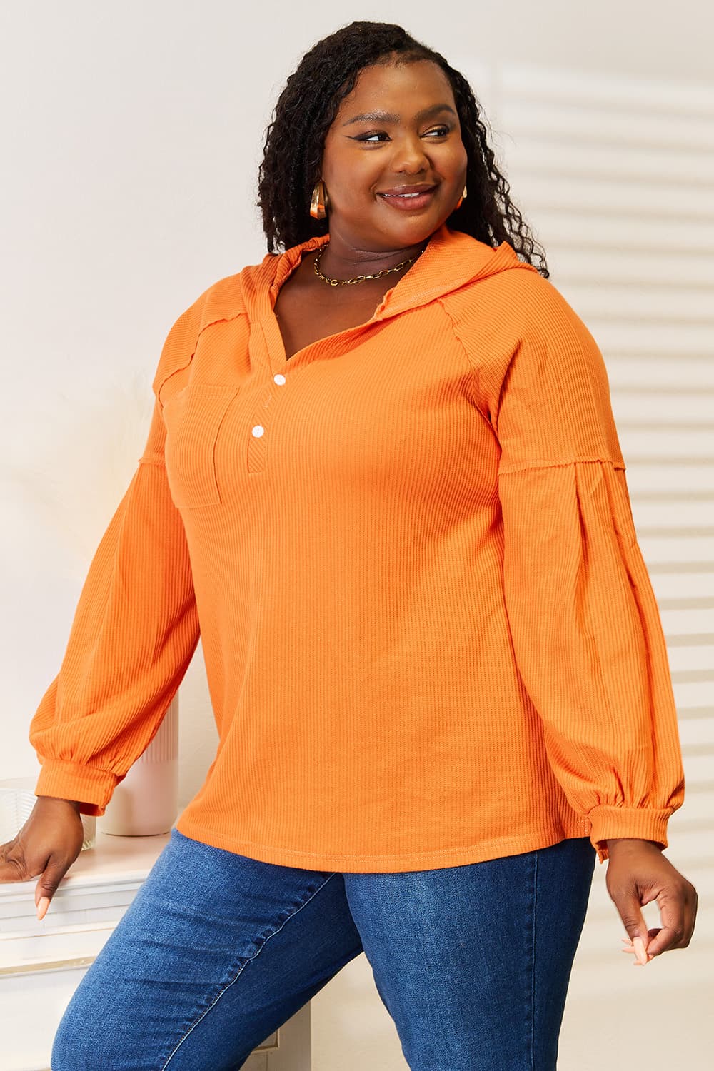 Side Slit Buttoned Waffle Knit Hoodie for Women