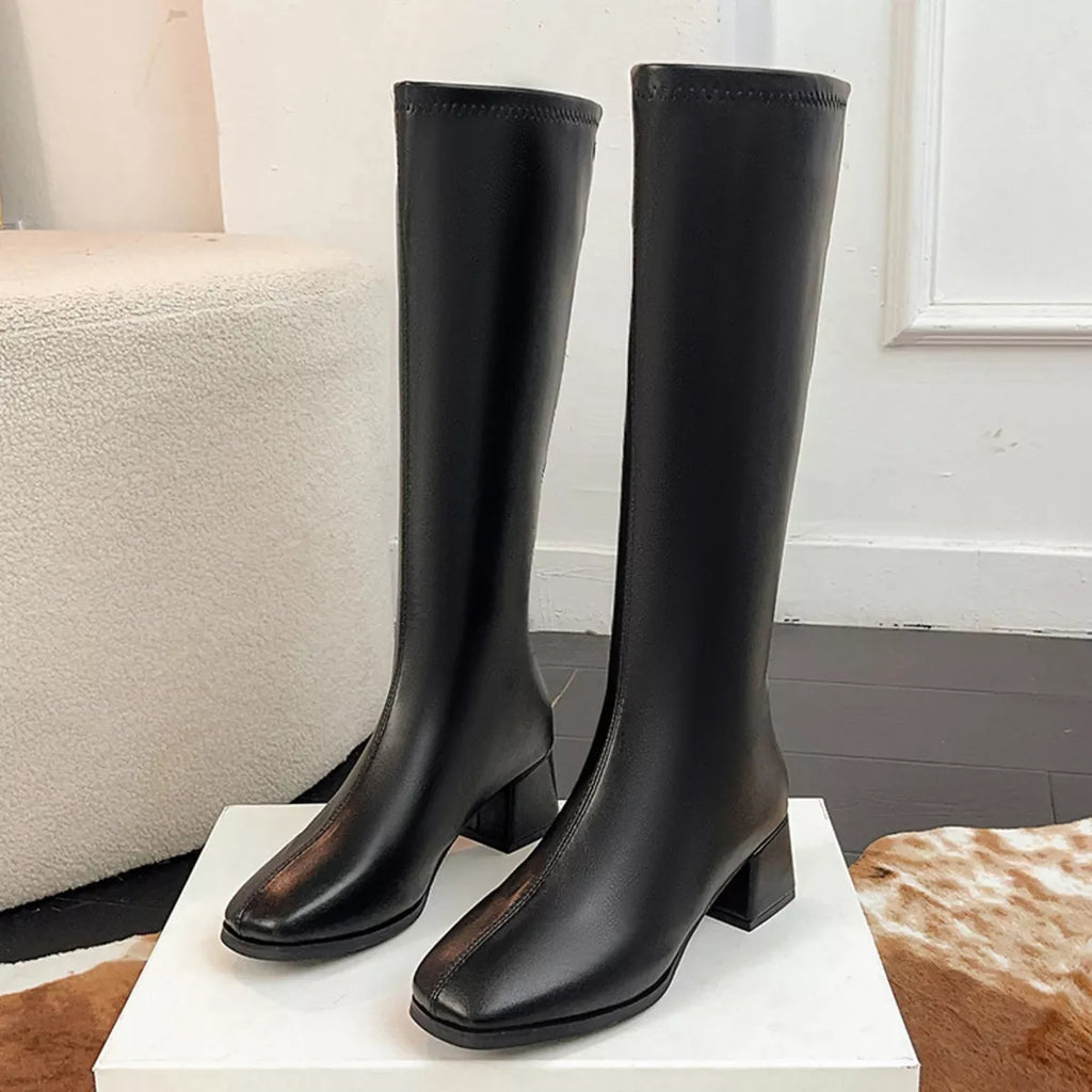 Square Toe Block Heels Boots in White for Women