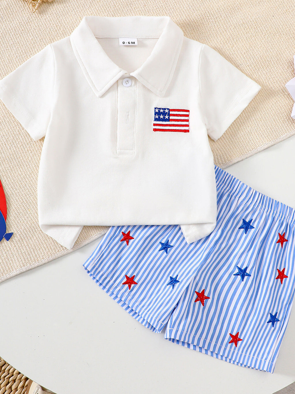 Patriotic American Flag Embroidered Outfit Set in White for Boys