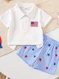Patriotic American Flag Embroidered Outfit Set in White for Boys
