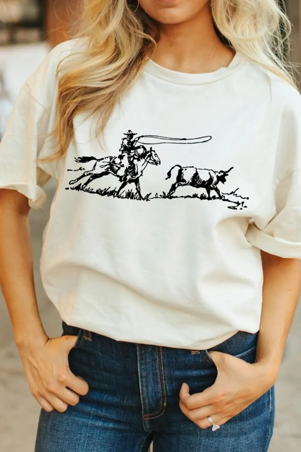 Western Rodeo Graphic Round Neck T-Shirt in White for Women