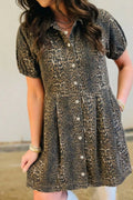 Leopard Print Puff Sleeve Denim Dress in Leopard for Women