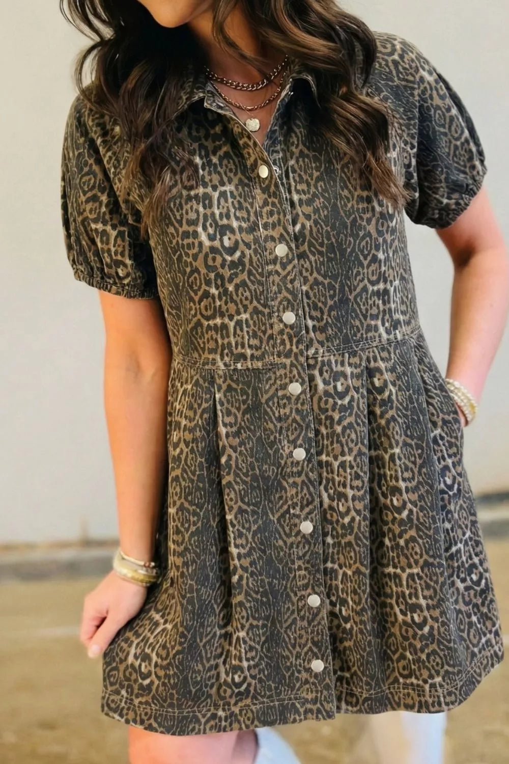 Leopard Print Puff Sleeve Denim Dress in Leopard for Women