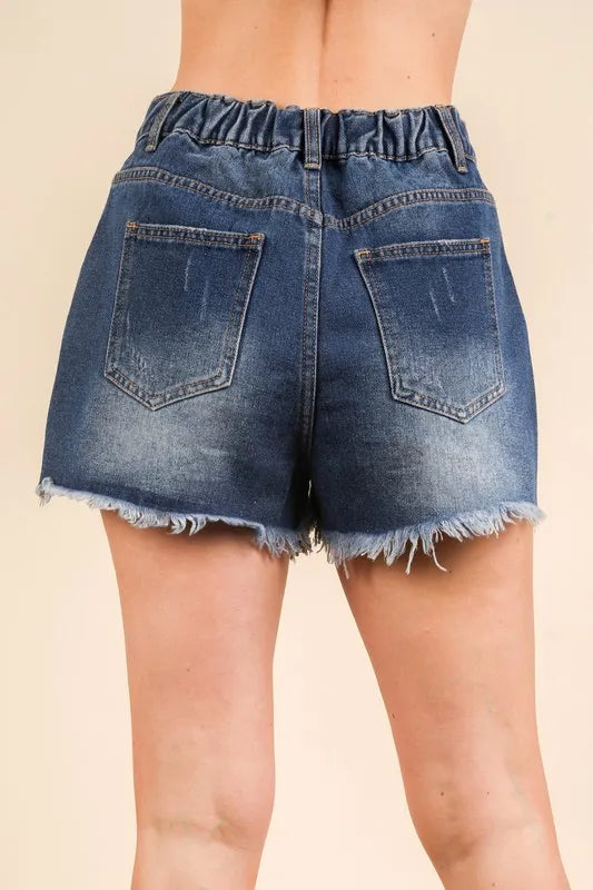 Raw Hem Pocketed Contrast Washed Denim Shorts for Women