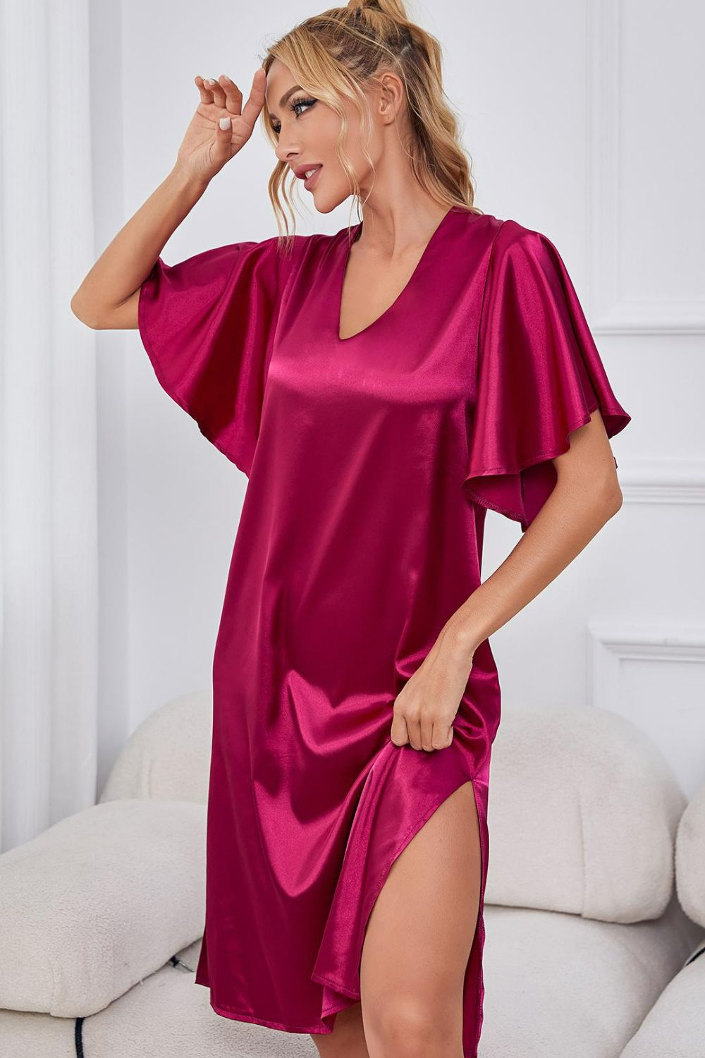 Satin Flutter Sleeve Side Slit V-Neck Night Dress in Vivid Cerise for Women