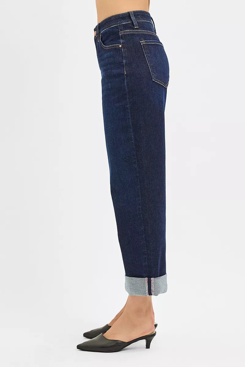 Mid Rise Fit Ankle Wide Roll Up Jeans in Dark for Women