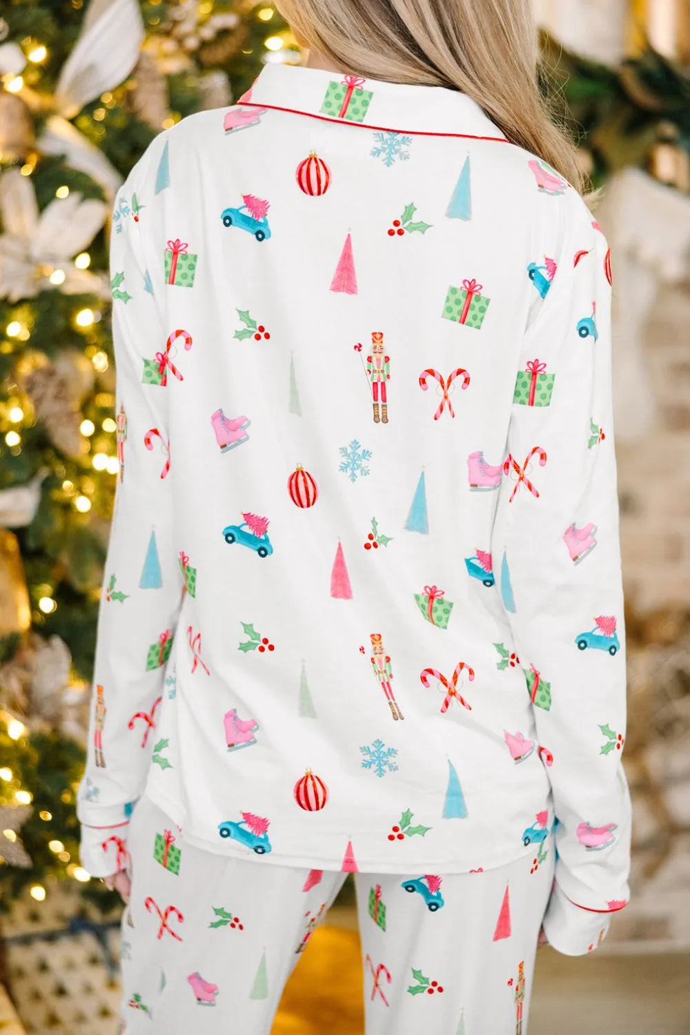 Christmas Printed Collared Neck Top and Pants Lounge Set for Women