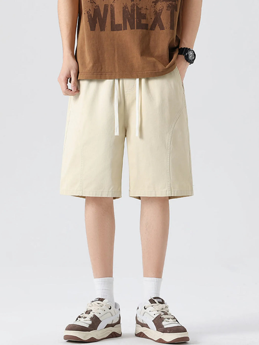 Casual Loose-Fit Drawstring Shorts Plus Size in Cream for Men