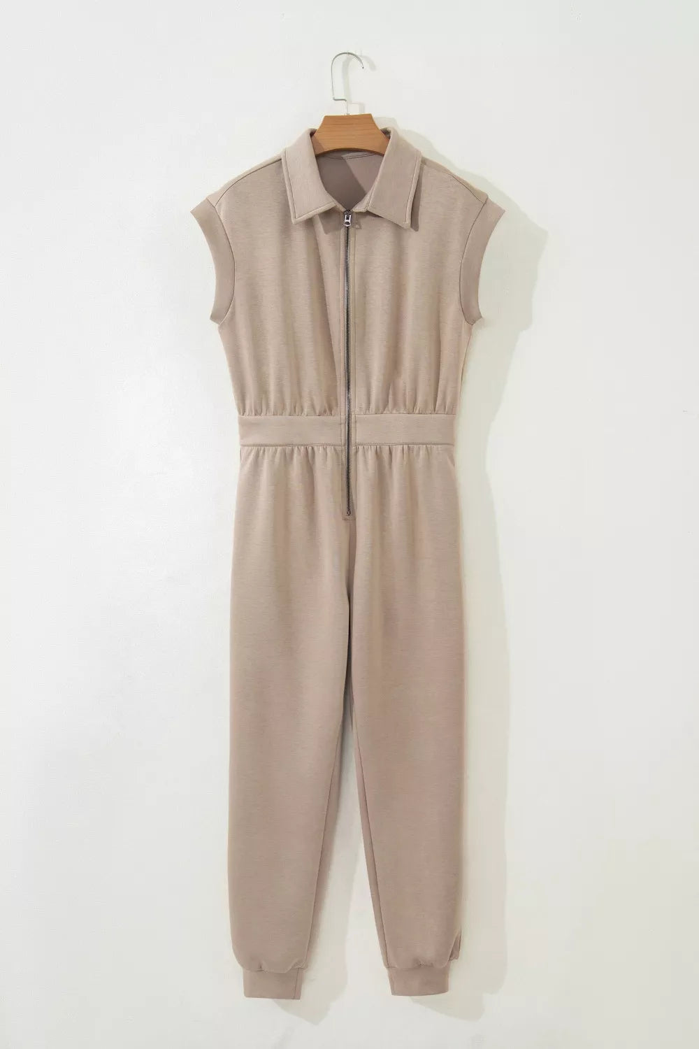 Solid Color Zip Front Short Sleeve Collared Jumpsuit in Mocha for Women