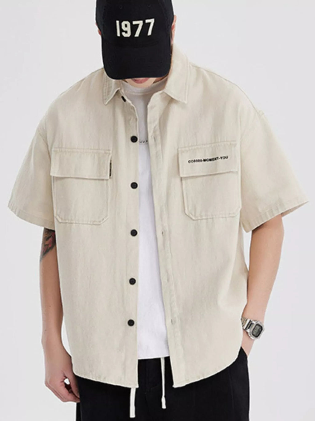 Button Down Oversized Short Sleeve Shirt Plus Size in Light Apricot for Men