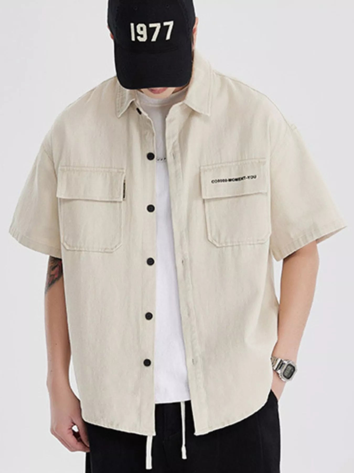 Button Down Oversized Short Sleeve Shirt Plus Size in Light Apricot for Men