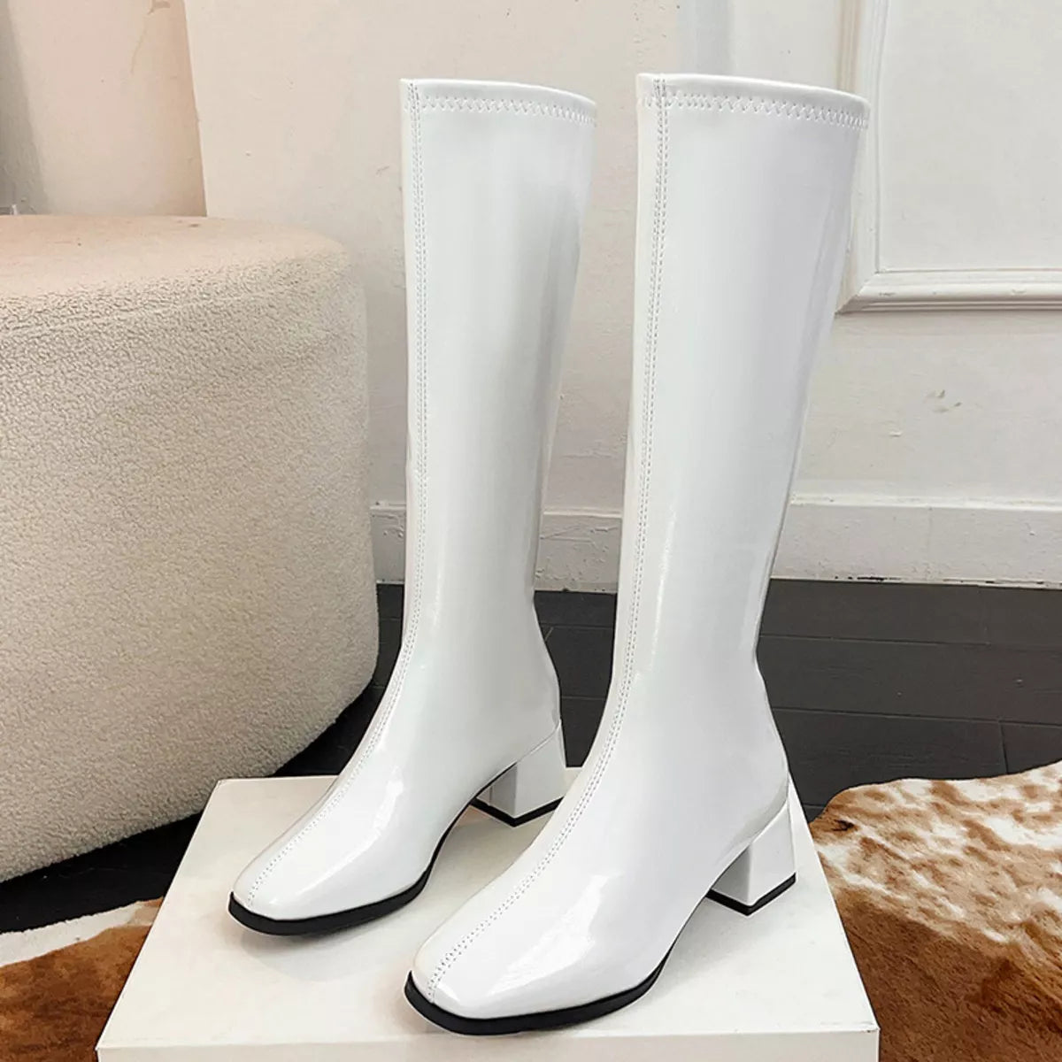 Square Toe Block Heels Boots in White for Women