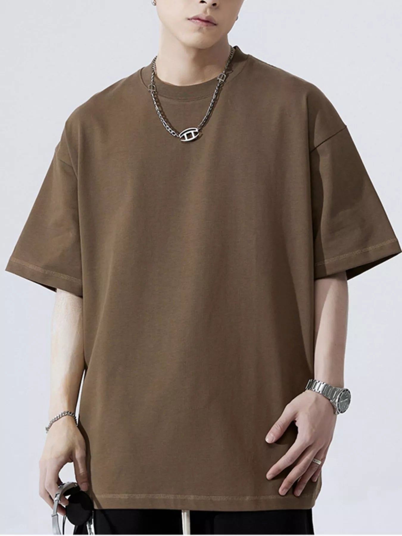 Round Neck Half Sleeve T-Shirt Plus Size in Brown for Men