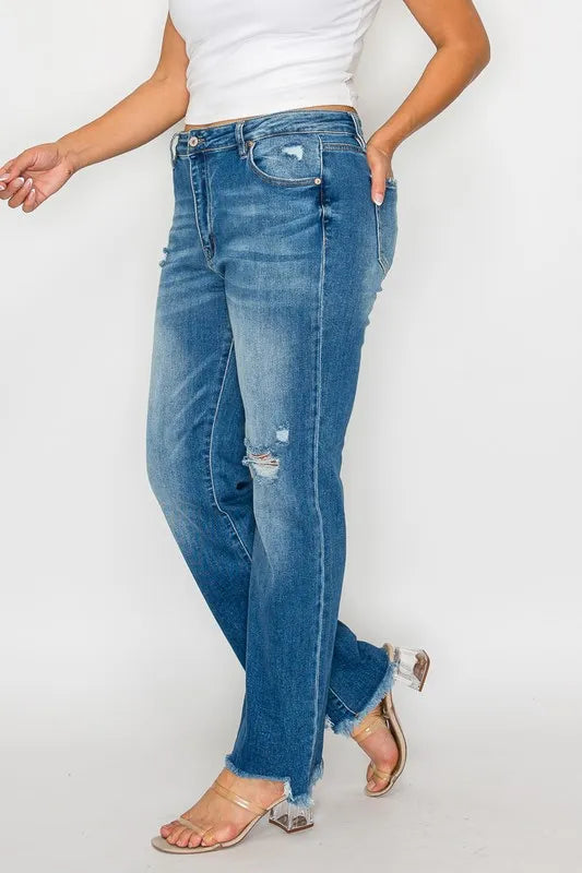 Plus Size Raw Hem Distressed Mid Rise Straight Jeans in Medium for Women