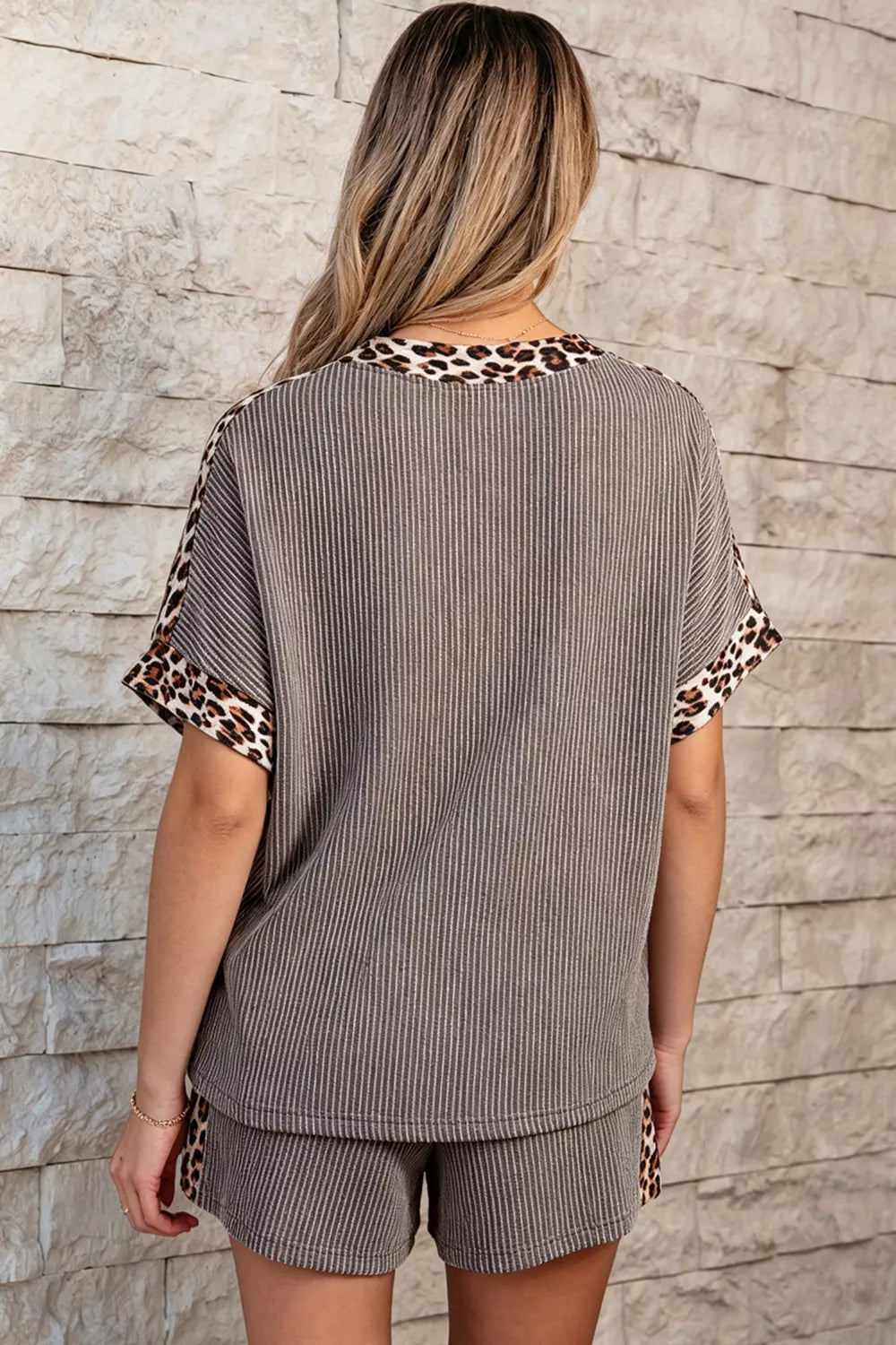 Leopard Trim Ribbed Knit Tee and Shorts Set in Taupe for Women