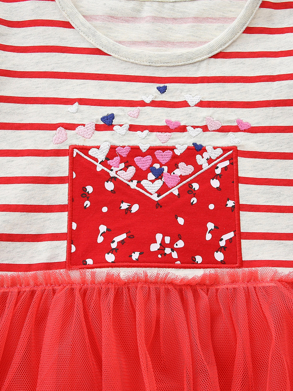 Striped Short Sleeve Tulle Dress in Red for Girls