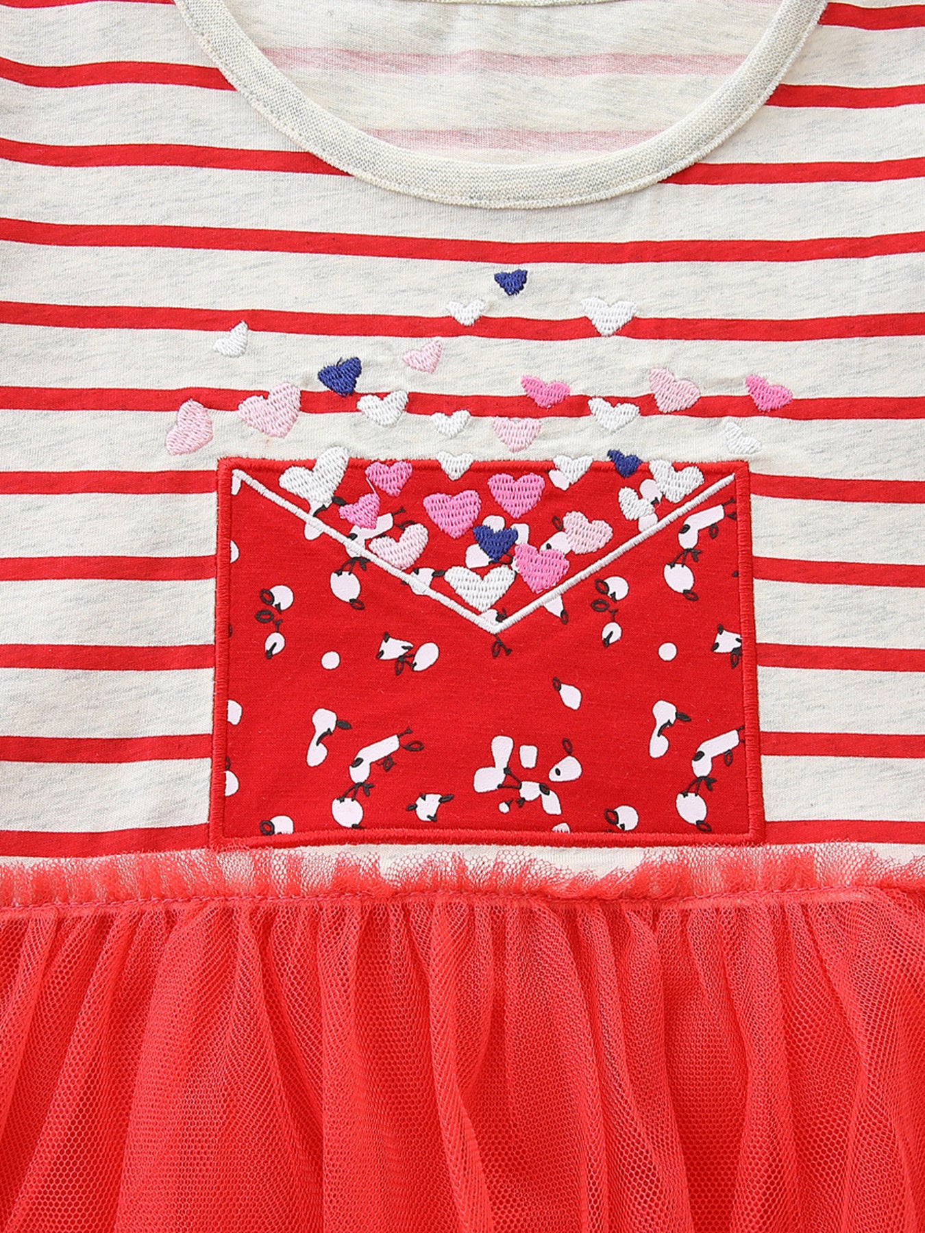 Striped Short Sleeve Tulle Dress in Red for Girls